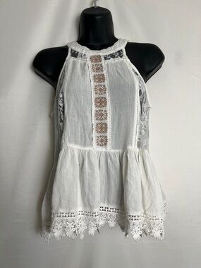 Saks Fifth Avenue White Lace-Trimmed Halter Peplum Camisole